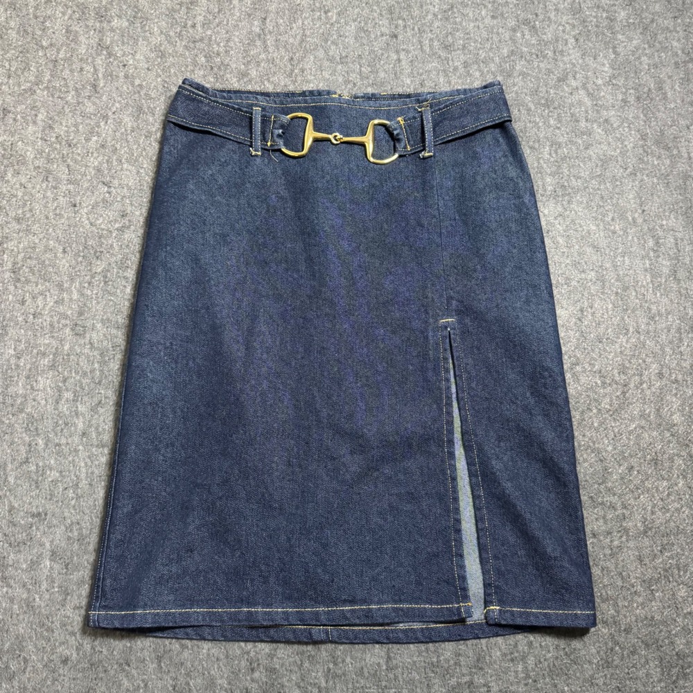 VTG 90s XOXO Jeans Dark Wash Denim Pencil Skirt Horsebit Buckle Slit Size 7/8